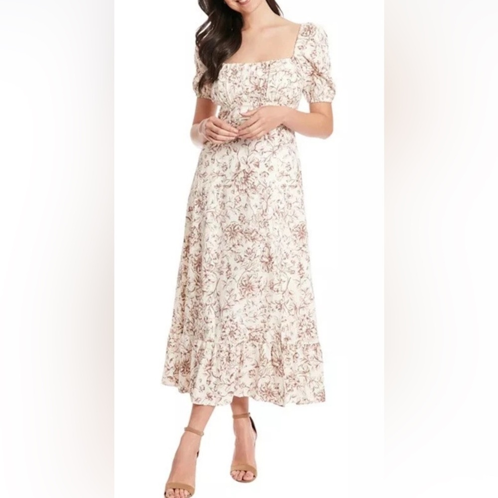 NWT LONDON TIMES Women's Dress Ivory/Tan Long Floral Linen Blend Size 8